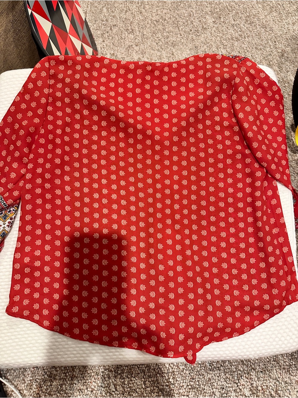 West Kei Red Printed Blouse with Delicate Cream Motifs